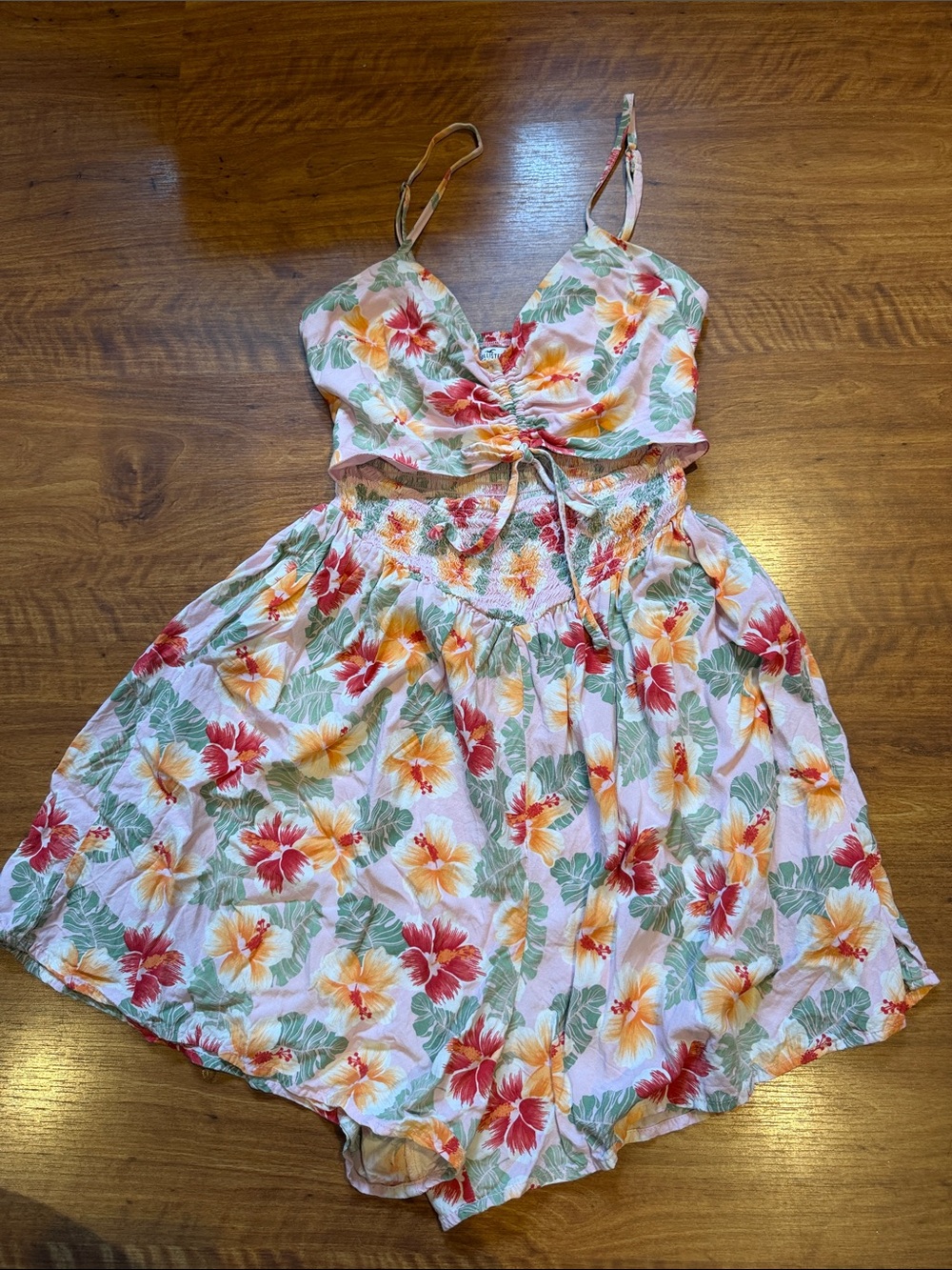 Hollister Pink Floral Tie-Front Romper with Coral and Yellow Blooms